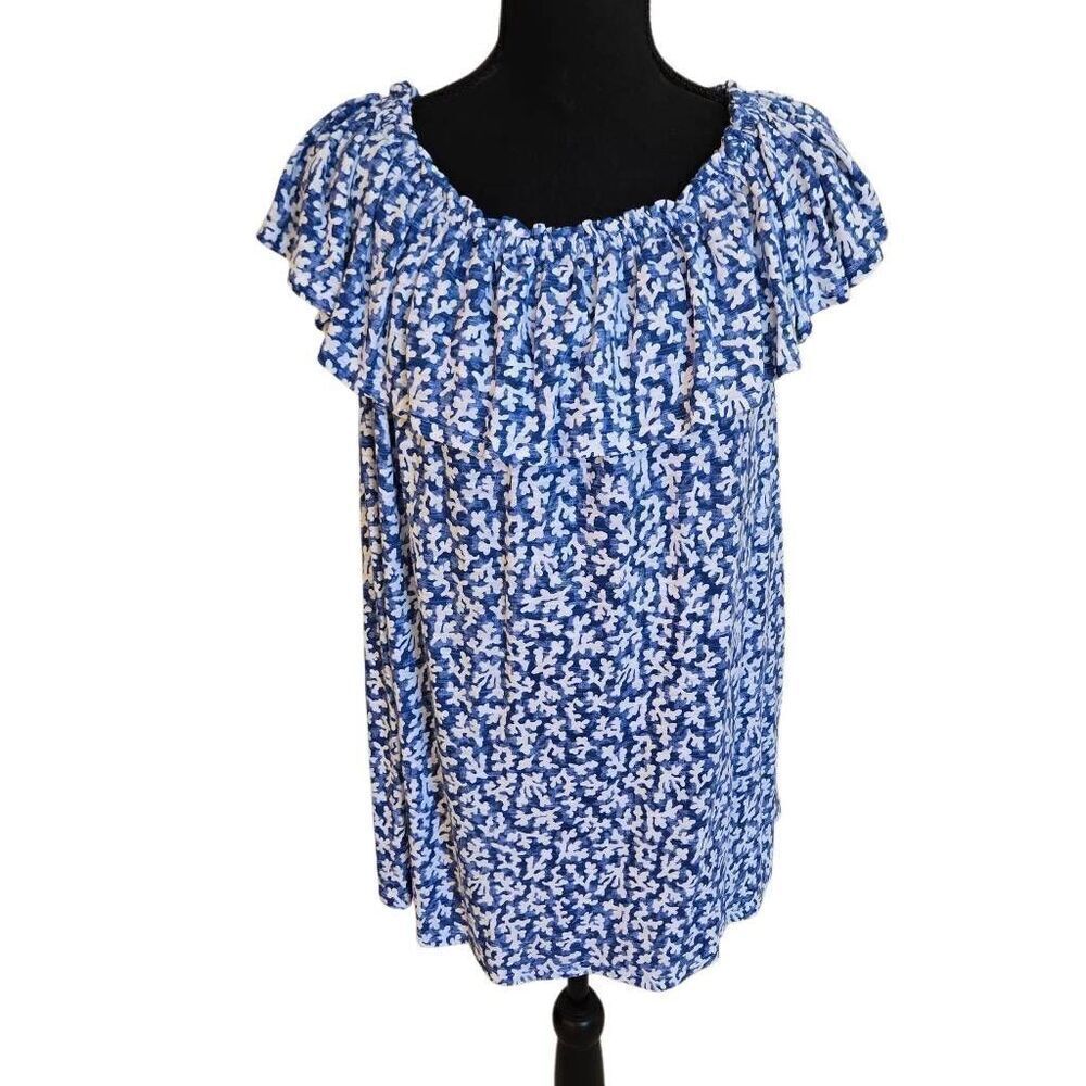 J Jill Womens Off The Shoulder Blue White Floral Ruffled Neckline Blouse XL